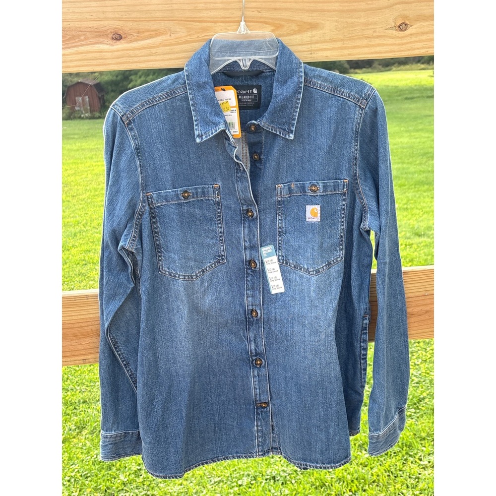 Carhartt Women Relaxed Fit Denim Button Up Shirt Medium Wash Blue Large L NWT